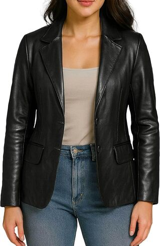 Lambskin Leather Blazer Women - Classic 2-Button Coat Style Leather Jacket Women Casual Outing Fashion in Saudi Arabia