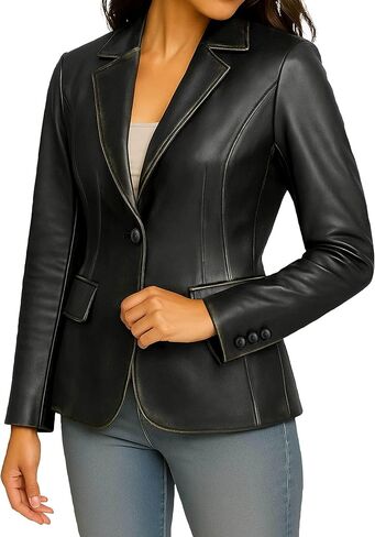 Lambskin Leather Blazer Women - Classic 2-Button Coat Style Leather Jacket Women Casual Outing Fashion in Saudi Arabia