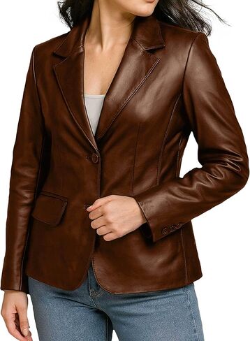 Lambskin Leather Blazer Women - Classic 2-Button Coat Style Leather Jacket Women Casual Outing Fashion in Saudi Arabia