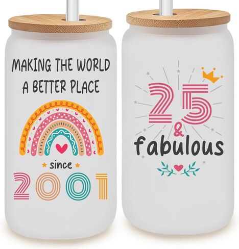 Vivulla68 25th Birthday Gifts For Her Him, Gift For 25 Year Old Female, Best Gifts For 25 year Old Woman Man, 25th Birthday Gift Ideas, 1999 Gifts, 25 Birthday, 25th Frosted Glass With Lid And Straw in Saudi Arabia