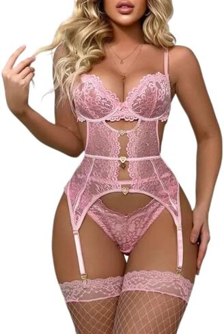 Japanese Design Garter Lingerie Sets Sexy Women Floral Lace Babydoll Bodysuit Teddy with Panty and Bra in Saudi Arabia