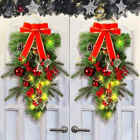 Yunlly 2 Pcs Pre Lit Christmas Teardrop Swags 24 Inch Christmas Swag Wreath Garland Decorative with Lights Fairy Lights Bow Pine Cones Xmas Decor for Front Door Stairs Wall Window(Red) in Saudi Arabia