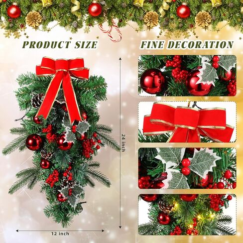 Yunlly 2 Pcs Pre Lit Christmas Teardrop Swags 24 Inch Christmas Swag Wreath Garland Decorative with Lights Fairy Lights Bow Pine Cones Xmas Decor for Front Door Stairs Wall Window(Red) in Saudi Arabia