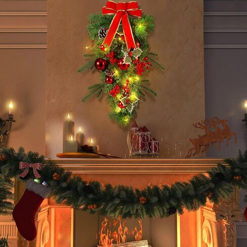 Yunlly 2 Pcs Pre Lit Christmas Teardrop Swags 24 Inch Christmas Swag Wreath Garland Decorative with Lights Fairy Lights Bow Pine Cones Xmas Decor for Front Door Stairs Wall Window(Red) in Saudi Arabia