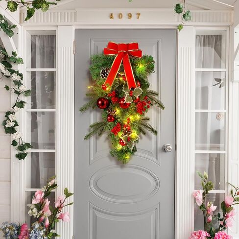Yunlly 2 Pcs Pre Lit Christmas Teardrop Swags 24 Inch Christmas Swag Wreath Garland Decorative with Lights Fairy Lights Bow Pine Cones Xmas Decor for Front Door Stairs Wall Window(Red) in Saudi Arabia