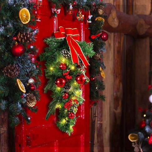Yunlly 2 Pcs Pre Lit Christmas Teardrop Swags 24 Inch Christmas Swag Wreath Garland Decorative with Lights Fairy Lights Bow Pine Cones Xmas Decor for Front Door Stairs Wall Window(Red) in Saudi Arabia