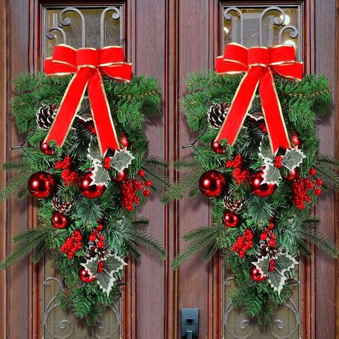 Yunlly 2 Pcs Pre Lit Christmas Teardrop Swags 24 Inch Christmas Swag Wreath Garland Decorative with Lights Fairy Lights Bow Pine Cones Xmas Decor for Front Door Stairs Wall Window(Red) in Saudi Arabia