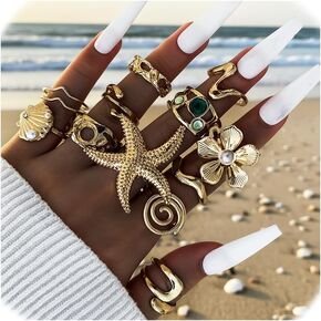 Chunky Gold Rings for Women Non Tarnish, Baroque Pearl Flower Tiger's Eye Stone Rings Adjustable Stacking Statement Rings Set Fashion Jewelry Gifts in Saudi Arabia