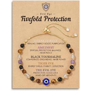 Evil Eye Dainty Bracelet - Natural Crystal Protection Bracelet - 5 Healing Stones Clear Quartz Amethyst Black Tourmaline Tiger Eye Adjustable Spiritual Guardian Jewelry Gift with Meaning Card in Kuwait