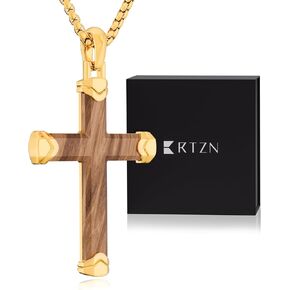قلادة صليب خشبية من RTZN® للرجال - قلادة متقاطعة مصنوعة يدويًا من خشب الأبنوس الطبيعي/Bubinga للرجال مع سلسلة صندوق من الفولاذ المقاوم للصدأ 3 مم 22 بوصة + 2 بوصة بوصة in Kuwait