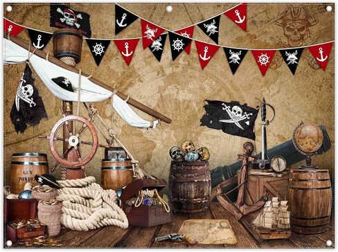 ZTHMOE 7x5ft Polyester Halloween Pirate Photography Backdrop Nautical Treasure Map Background Kids Pirates Ship Birthday Party Decorations Photo Banner Props with Four Holes Easy to Hang in Saudi Arabia