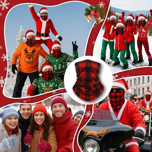 Ramede 4 Pcs Christmas Neck Gaiter Face Mask Scarf Red and Black Buffalo Plaid Neck Warmer Face Cover UV Protection Breathable Windproof Cooling Bandana Balaclava Headbands for Adult Xmas Party Parade in Saudi Arabia