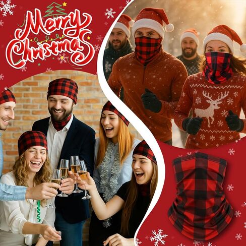 Ramede 4 Pcs Christmas Neck Gaiter Face Mask Scarf Red and Black Buffalo Plaid Neck Warmer Face Cover UV Protection Breathable Windproof Cooling Bandana Balaclava Headbands for Adult Xmas Party Parade in Saudi Arabia
