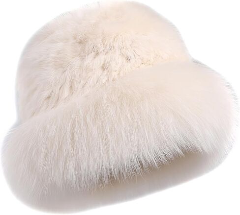 Women's Winter Hat Knitted Rabbit Fur Hats with Big Fox Fur Brim,Lady Fashion Bucket Cap in Saudi Arabia