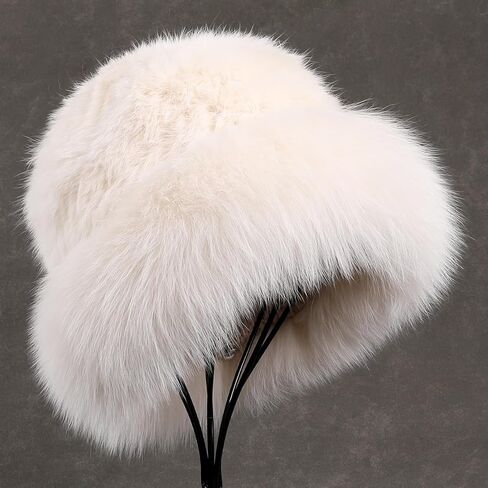 Women's Winter Hat Knitted Rabbit Fur Hats with Big Fox Fur Brim,Lady Fashion Bucket Cap in Saudi Arabia
