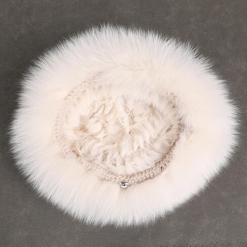 Women's Winter Hat Knitted Rabbit Fur Hats with Big Fox Fur Brim,Lady Fashion Bucket Cap in Saudi Arabia