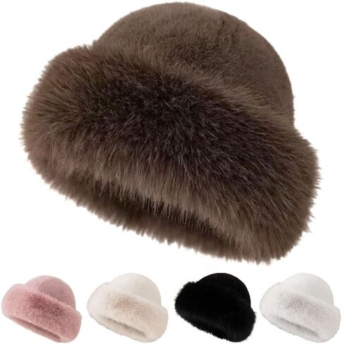 Womens Winter Faux Fur Bucket Hat, 2026 New Fluffy Fisherman Fuzzy Bucket Hat Warm Faux Mink Plush Hat in Saudi Arabia