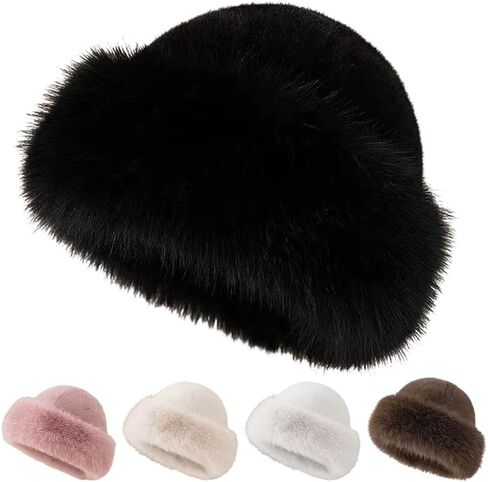 Womens Winter Faux Fur Bucket Hat, 2026 New Fluffy Fisherman Fuzzy Bucket Hat Warm Faux Mink Plush Hat in Saudi Arabia