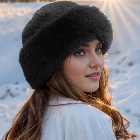 Womens Winter Faux Fur Bucket Hat, 2026 New Fluffy Fisherman Fuzzy Bucket Hat Warm Faux Mink Plush Hat in Saudi Arabia