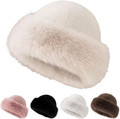 Womens Winter Faux Fur Bucket Hat, 2026 New Fluffy Fisherman Fuzzy Bucket Hat Warm Faux Mink Plush Hat in Saudi Arabia