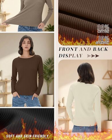 4 Pack Women's Ribbed Long Sleeve Shirts, Cotton Crew Neck Thermal Tops Slim Fit Undershirts Layering Tee Shirts in Saudi Arabia