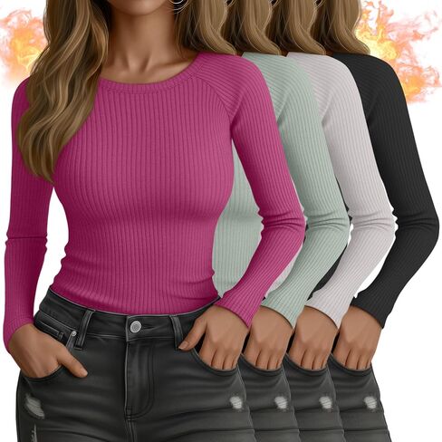 4 Pack Women's Ribbed Long Sleeve Shirts, Cotton Crew Neck Thermal Tops Slim Fit Undershirts Layering Tee Shirts in Saudi Arabia