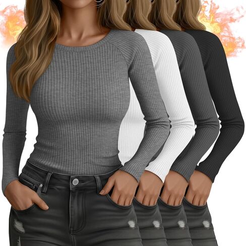 4 Pack Women's Ribbed Long Sleeve Shirts, Cotton Crew Neck Thermal Tops Slim Fit Undershirts Layering Tee Shirts in Saudi Arabia