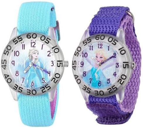 Disney Frozen 2-Pack Watch Set for Kids Ages 4–7 – Featuring Elsa Snow Queen Dial Designs – Clear Bezels with Blue and Purple Nylon Straps – GET 2 Mystery Bonus Watches in Saudi Arabia