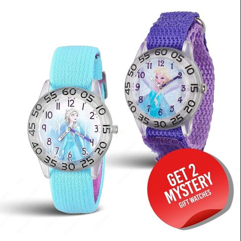 Disney Frozen 2-Pack Watch Set for Kids Ages 4–7 – Featuring Elsa Snow Queen Dial Designs – Clear Bezels with Blue and Purple Nylon Straps – GET 2 Mystery Bonus Watches in Saudi Arabia