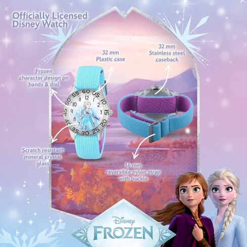 Disney Frozen 2-Pack Watch Set for Kids Ages 4–7 – Featuring Elsa Snow Queen Dial Designs – Clear Bezels with Blue and Purple Nylon Straps – GET 2 Mystery Bonus Watches in Saudi Arabia