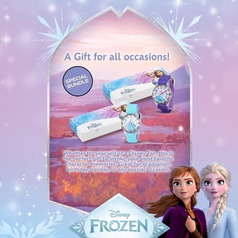 Disney Frozen 2-Pack Watch Set for Kids Ages 4–7 – Featuring Elsa Snow Queen Dial Designs – Clear Bezels with Blue and Purple Nylon Straps – GET 2 Mystery Bonus Watches in Saudi Arabia
