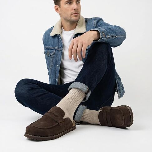 قباقيب من جلد الغزال بتصميم Wally Loafer للرجال من CUSHIONAIRE، أحذية رجالي سهلة الارتداء بدون ظهر للاستخدام الداخلي والخارجي مع وسادة قدم مبطنة in Kuwait