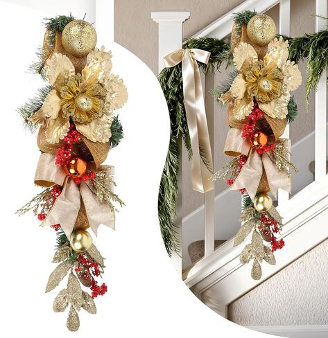 Gold Christmas Swag with Glitter Flowers, Ornaments, Pinecones and Ribbon Bow – 25.6" Teardrop Swag Christmas Front Door Decor Artificial Wall Door Hanging Holiday Decoration in Saudi Arabia
