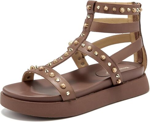 صنادل BEAU TODAY Gladiator للنساء، صنادل مرصعة بالمنصة للنساء، أحذية مشي جلدية مريحة، أحذية شاطئ صيفية للسيدات لحفلات الزفاف غير الرسمية in Kuwait