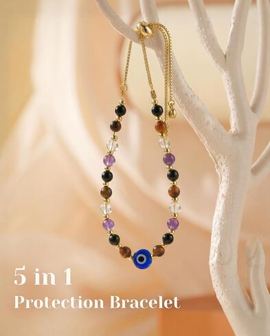 Evil Eye Dainty Bracelet - Natural Crystal Protection Bracelet - 5 Healing Stones Clear Quartz Amethyst Black Tourmaline Tiger Eye Adjustable Spiritual Guardian Jewelry Gift with Meaning Card in Kuwait