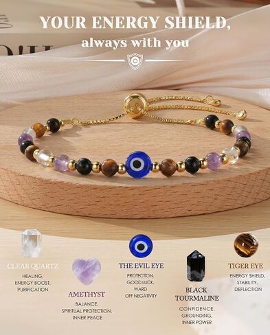 Evil Eye Dainty Bracelet - Natural Crystal Protection Bracelet - 5 Healing Stones Clear Quartz Amethyst Black Tourmaline Tiger Eye Adjustable Spiritual Guardian Jewelry Gift with Meaning Card in Kuwait