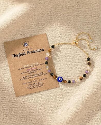 Evil Eye Dainty Bracelet - Natural Crystal Protection Bracelet - 5 Healing Stones Clear Quartz Amethyst Black Tourmaline Tiger Eye Adjustable Spiritual Guardian Jewelry Gift with Meaning Card in Kuwait