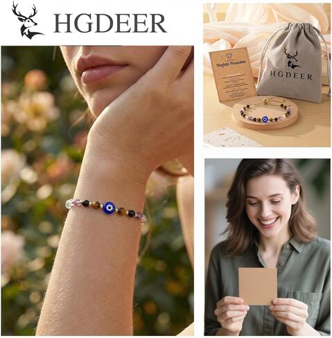 Evil Eye Dainty Bracelet - Natural Crystal Protection Bracelet - 5 Healing Stones Clear Quartz Amethyst Black Tourmaline Tiger Eye Adjustable Spiritual Guardian Jewelry Gift with Meaning Card in Kuwait