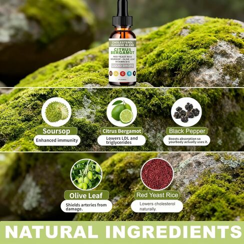 RESONA Red Yeast Rice Drops - High Absorption Cholesterol Support Blend with Citrus Bergamot, Olive Leaf & Soursop - Natural, Non-GMO, Vegan - 2 fl oz (1) in Saudi Arabia