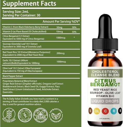 RESONA Red Yeast Rice Drops - High Absorption Cholesterol Support Blend with Citrus Bergamot, Olive Leaf & Soursop - Natural, Non-GMO, Vegan - 2 fl oz (1) in Saudi Arabia