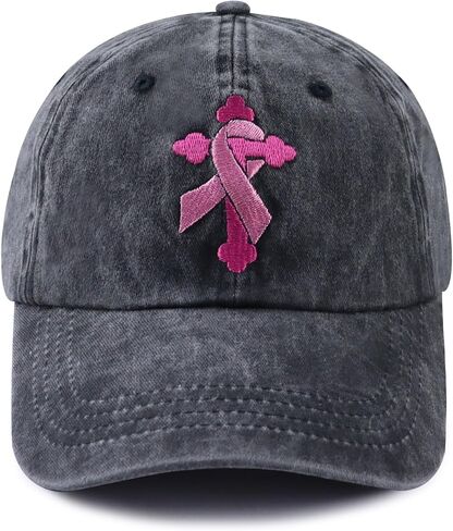 Pink Ribbon Hat for Women, Classic Cotton Embroidered Cross Baseball Cap for Cancer Patients in Saudi Arabia
