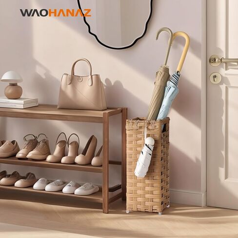 Rattan Umbrella Stand, Umbrella Holder for Entryway, Hand Woven Umbrella Rack Organizer Freestanding, with a Detachable Drip Tray, 4 Hooks, 6.5" L x 6.5" W x 16.5" H, Natural in Saudi Arabia