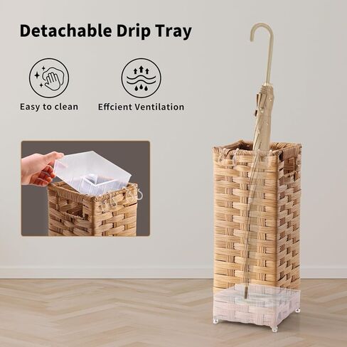 Rattan Umbrella Stand, Umbrella Holder for Entryway, Hand Woven Umbrella Rack Organizer Freestanding, with a Detachable Drip Tray, 4 Hooks, 6.5" L x 6.5" W x 16.5" H, Natural in Saudi Arabia