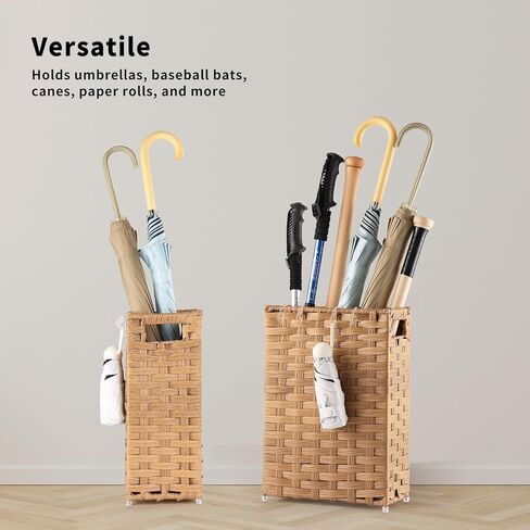 Rattan Umbrella Stand, Umbrella Holder for Entryway, Hand Woven Umbrella Rack Organizer Freestanding, with a Detachable Drip Tray, 4 Hooks, 6.5" L x 6.5" W x 16.5" H, Natural in Saudi Arabia