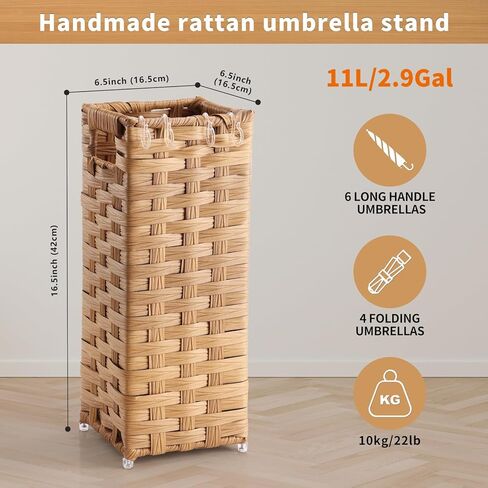Rattan Umbrella Stand, Umbrella Holder for Entryway, Hand Woven Umbrella Rack Organizer Freestanding, with a Detachable Drip Tray, 4 Hooks, 6.5" L x 6.5" W x 16.5" H, Natural in Saudi Arabia
