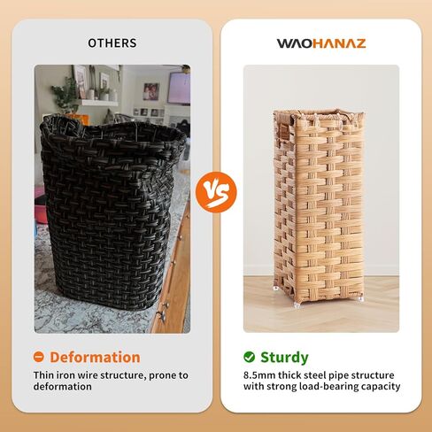 Rattan Umbrella Stand, Umbrella Holder for Entryway, Hand Woven Umbrella Rack Organizer Freestanding, with a Detachable Drip Tray, 4 Hooks, 6.5" L x 6.5" W x 16.5" H, Natural in Saudi Arabia
