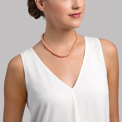 The Pearl Source 14K Gold 7-8mm AAAA Quality Peach Freshwater Cultured Pearl Necklace for Women in 17" Princess Length in Saudi Arabia