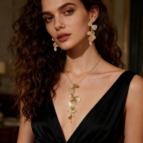 Statement Gold Leaf Chokers Necklace Earring Sets Trendy Floral Boho Ginkgo Leaves Long Tassel Necklace Jewelry Accessessories Gifts in Saudi Arabia