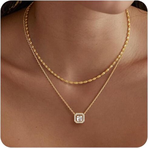 TONTMY STUDIOS Layered Gold Necklace for Women 14K Gold Plated Small Dainty CZ Pendant Layering Gold Necklaces Set Simple Chain Choker Necklace Trendy Jewelry for Women Gifts in Saudi Arabia