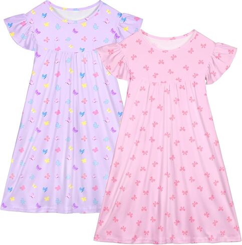 ICOSY 2PCS Girls Nightgowns Toddler Girl Pajamas Flutter Short Sleeve Princess Dress Sleepwear for Girls in Saudi Arabia